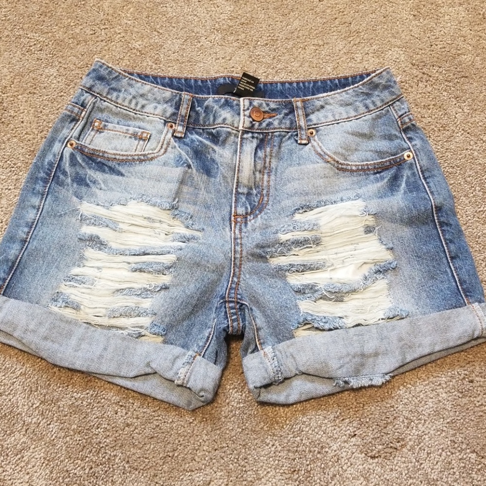 Distressed denim shorts